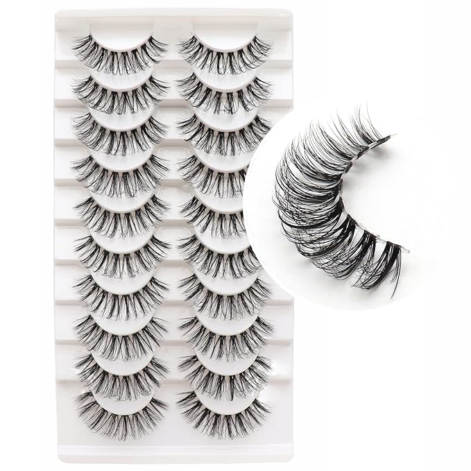 Veleasha Russian Strip Lashes with Clear Band Looks Like Eyelash Extensions D Curl Lash Strips 10 Pairs Pack (DT09)