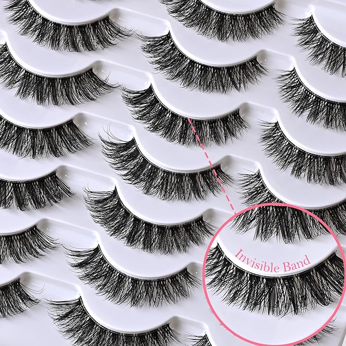 Cat Eye Lashes Natural Wispy Eyelashes 14 Pairs Short Fake Lashes Strips 9-14mm False Mink Eyelash Pack Small Clear Invisible Band Strip Lash Natural Look