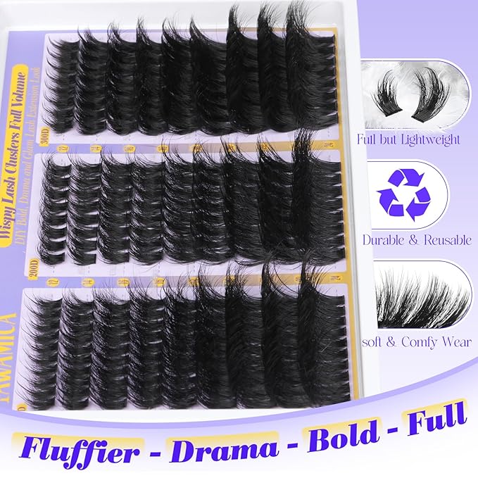 Fluffy Lash Clusters 150D+200D+300D Thick Volume Cluster Eyelash Extensions 12-25mm Dramatic Long Eyelash Clusters Wispy Individual Lashes D Curl Cluster Lashes DIY Glam Lash Extension by Yawamica