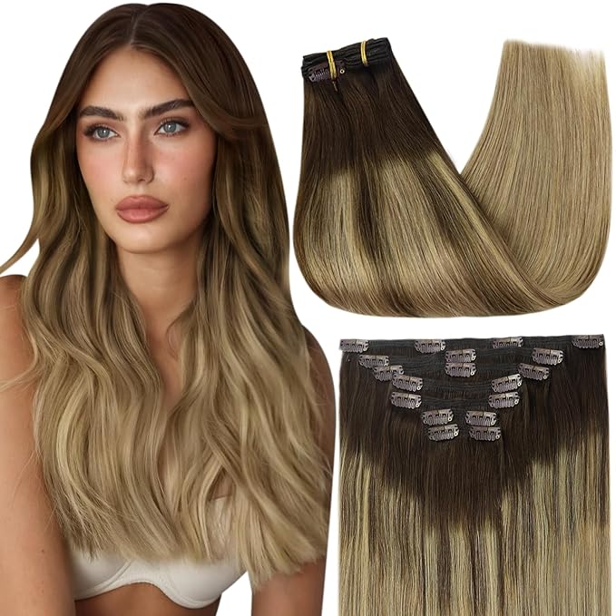 Full Shine Hair Extensions Clip ins Long Ombre Dark Brown to Light Brown Highlights Caramel Blonde Natural Hair Extensions Human Hair 120 G 7 Pcs