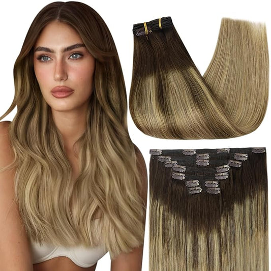 Full Shine Hair Extensions Clip ins Long Ombre Dark Brown to Light Brown Highlights Caramel Blonde Natural Hair Extensions Human Hair 120 G 7 Pcs
