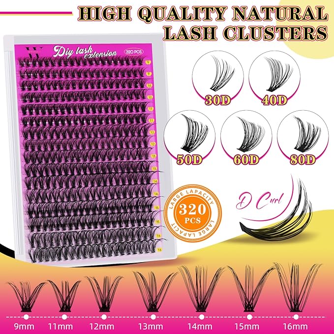 Lash Clusters 320PCS Individual Lashes D Curl Eyelash Clusters Mixed Length Cluster Eyelash Extensions Clusters Lashes with Thin Band Soft False Eyelashes DIY at Home(30D,D-Mix9-16mm)