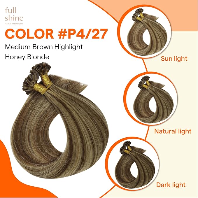 Full Shine K Tips Hair Extensions 24 Inch Long Straight Remy Hair Medium Brown Highlighted Honey Blonde Fusion Hair Extensions 50 Grams Keratin Tip Extensions for Short Hair