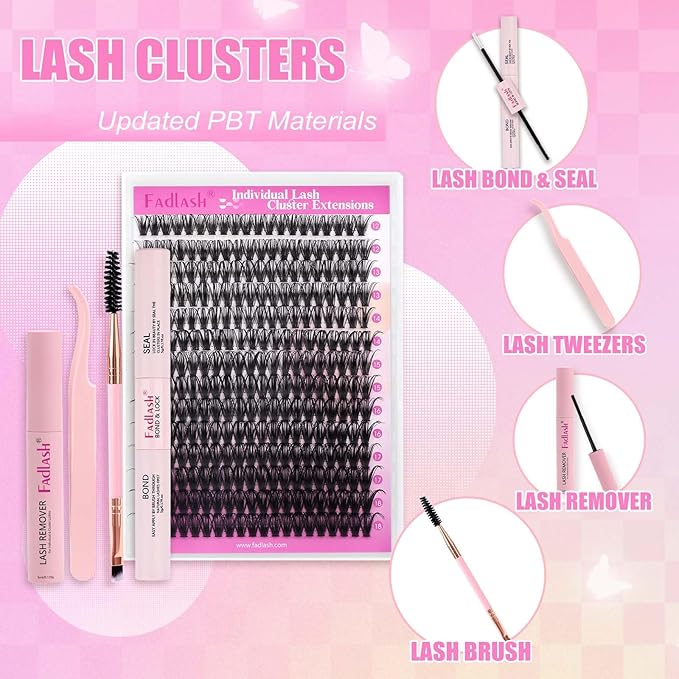 FADLASH DIY Lash Extension Kit Individual Lashes Cluster D Curl Eyelash Extension Kit D Curl Lash Clusters Lash Applicator Tool for Self Application at Home(KIT 50D-D-12-18mm)