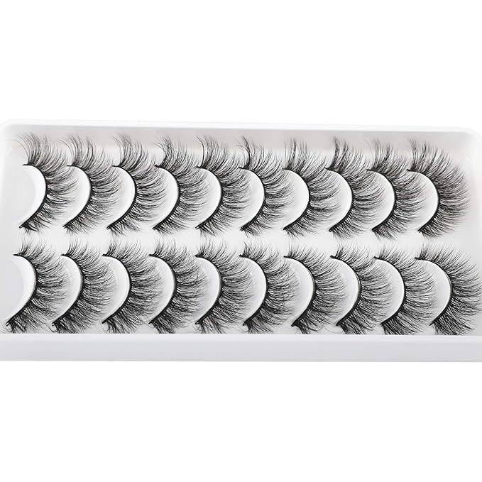 JIMIRE Fake Eyelashes Natural Look Fluffy Wispy False Lashes Cat-Eye Lashes with Thin Band Lightweight Fake Lashes 10 Pairs Pack