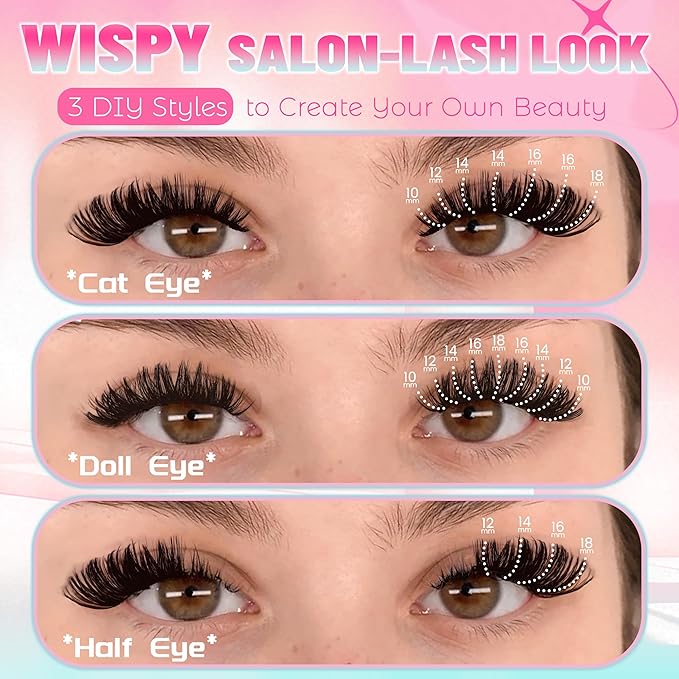 Lash Clusters Dramatic Thick Eyelash Extensions 188Pcs 100D 200D Fluffy Volume Lash Extensions Salon Quality Thick Individual Lashes for DIY Dramatic Look at Home (100D+200D)
