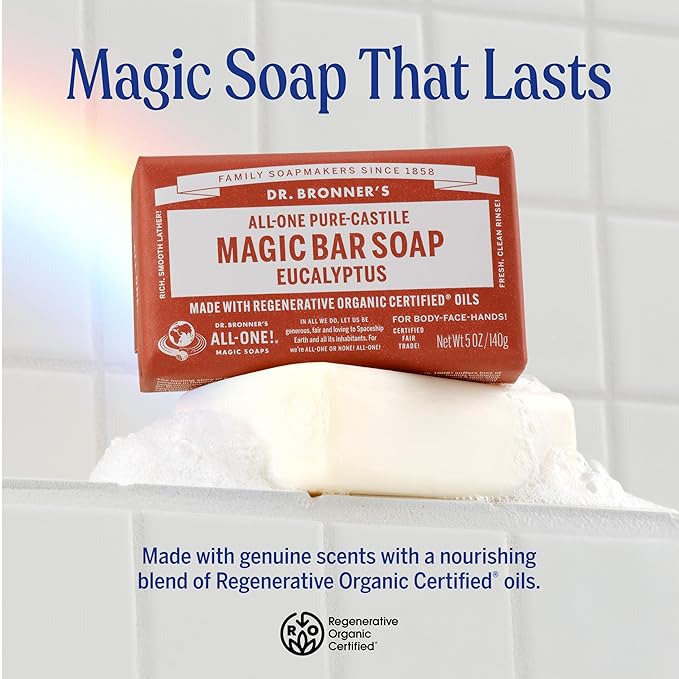Dr. Bronner's Pure-Castile Magic Bar Soaps (Eucalyptus, 5oz, 12-Pack) – Made with RegeOrganic Oils, Soap Bars for Men & Women, Gentle for Face & Sensitive Skin, Vegan, Cruelty-Free, Non-GMO