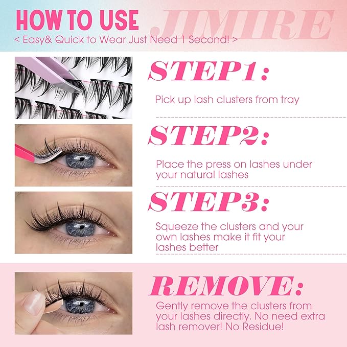 Manga Self Adhesive Eyelashes Natural Look 8-14MM Wispy Pre Glued Eyelashes Clusters Anime Press on Lashes Clusters Reusable Self Adhesive Lash Clusters with Spiky