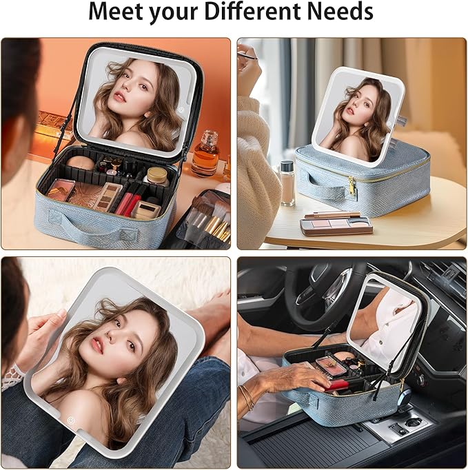 Portable Travel Makeup Bag with Mirror and Light - 3 Colors,Adjustable Brightness Spacious Cosmetic Organizer,Mermaid Shine Blue