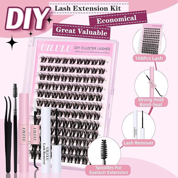 Lash Clusters Kit for DIY Lash Extension at Home, False Eyelashes Set with Bond Seal, Lash Remover, Brush, Tweezers, D Curl Wispy Individual Clusters Eye Lash Extensions Kit (U10 DIY Lash Kit)