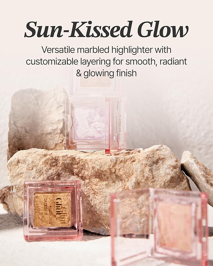 Glint Marble Highlighter (Solei Moon, 0.08oz) - Korean Makeup. Inspired Baked for Smooth, Radiant Glow, Long-Lasting Wear. Enriched with Micro Pearl Particles