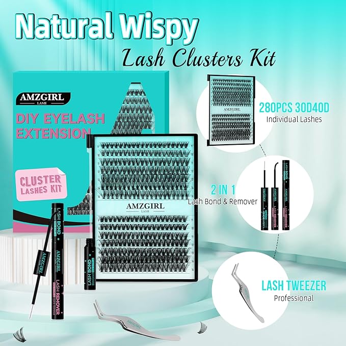 Lash Extension Kit 280PCS Eyelash Clusters 30D 40D DIY Eyelash Extension Kit Individual Lashes Natural Lash Clusters Kit with Lash Bond and Remover, Lash Tweezers(D-Mix9-16mm Kit)