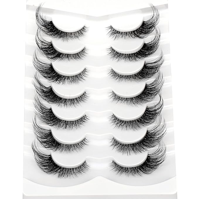 Pooplunch False Eyelashes Foxy Cat Eye Look Natural Lashes Wispy Short Extension Fluffy Volume Clear Band Faux Mink Fake Eyelash Strips 7 Pairs Pack