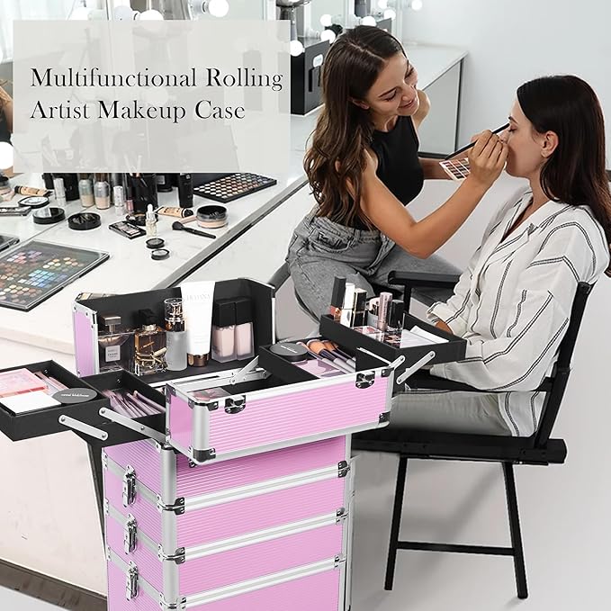 5 in 1 Professional Makeup Train Case Aluminum Cosmetic Case Rolling Makeup Case ExtraLarge Storage Organizer with Key Swivel Wheels Salon Barber Case for Make Up Nail Hairstylists, Pink