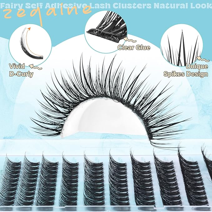 Wispy Self Adhesive Eyelashes Natural Self Adhesive Lash Clusters With Spikes D-Curly Pre Glued Lashes Reusable Glueless Lashes Salon-Level Cluster Eyelash Extensions 10-18MM by Zegaine