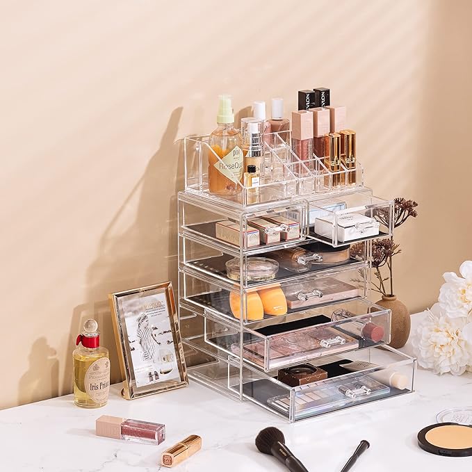 Sorbus Acrylic Makeup Organizer Set, 6-Drawer Vanity & Countertop Cosmetic Storage with Small & Wide Compartments, Clear Makeup Storage for Brushes, Lipsticks, Jewelry – Holiday Gift for Women & Teens