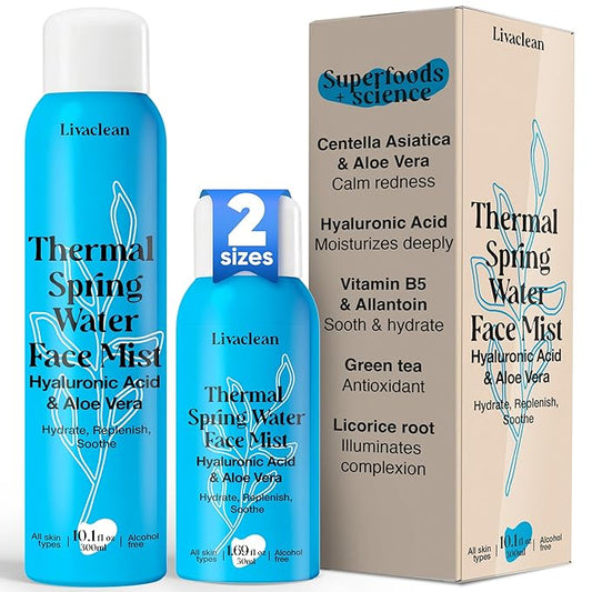 300ml + 50ml Thermal Spring Water Face Spray Mist Hydrating w/ Hyaluronic Acid & Aloe Vera - Hydrating Face Mist, Soothing & Calming, Mineral-Rich Skin Nourishment, Refreshing, 10 fl oz + 1.7 fl oz