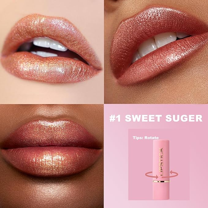 Metallic Lipstick Brown Glitter Lip Stick Long Lasting Waterproof Shine Lip Crayon without Drying or Fading Sparkling High Pigmented Lip Stain Transfer-proof Wear Full Coverage Make up