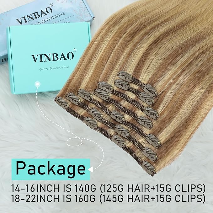 VINBAO Clip in Hair Extensions Human Hair Balayage Ash Blonde with Bleach Blonde Highlight Hair Extensions Clip in Human Hair Double Weft 160g 7 Pcs 20inch (#HC101616,20'')