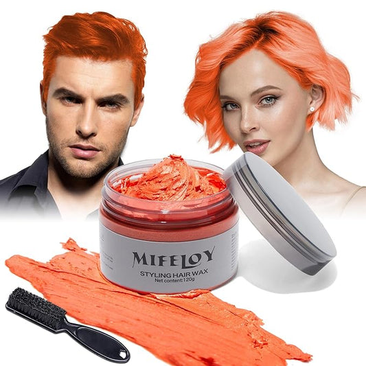 Temporary Orange Hair Spray Color Wax with Dye Brush, Instant Natural Hairstyle Cream 4.23 oz, Disposable Coloring Mud for Men Women Youth, Washable Styling Pomades, Party Cosplay DIY Halloween