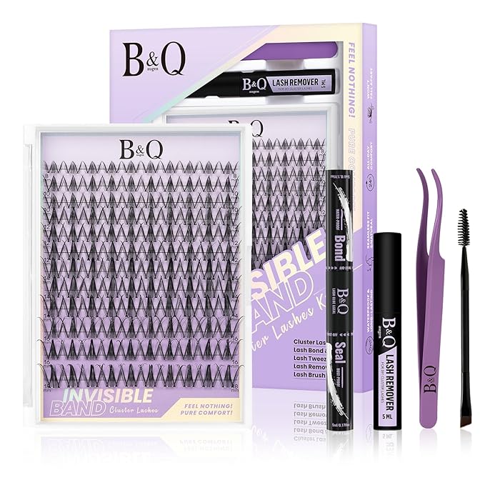 B&Q Snow Lotus Lash Clusters Kit Natural Lashes Clusters Wispy Invisible Band Manga Lashes Individual Lashes Bond and Seal Eyelash Extension Kit Easy Removal (Snow Lotus KIT-8-18MIX)