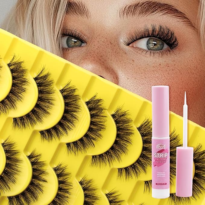 FADVAN Mink Lashes Natural Fluffy False Eyelashes 3D Volume Wispy Lashes Cateye Medium Length fake eyelashes with Clear Lash Glue Pestañas Postizas Naturales 10 Pairs-Lz201