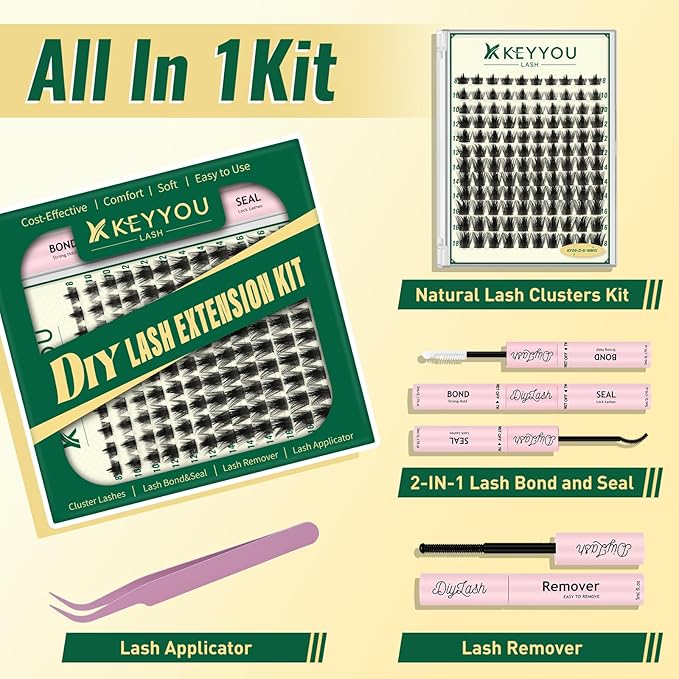 KEYYOULASH Lash Clusters Kit 120pcs 8-18MIX Lash Clusters Spiky Manga Lash Extension Kit with Lash Bond and Seal,Remover,Applicators for DIY Volume Eyelash Extension Kit at Home (KY09 Kit)