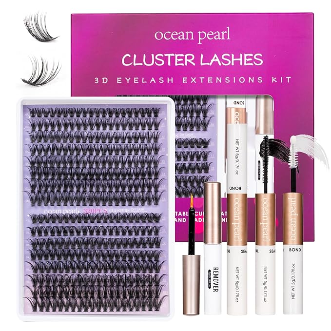 OCEAN PEARL 40D 50D Lash Clusters Lash Extension Kit 320 Pcs Thick Eyelashes Natural Lashes Clusters 10-16mm Eyelash Extensions Kit Individual Lashes with Bond and Seal Tweezers DIY Eyelash Extension