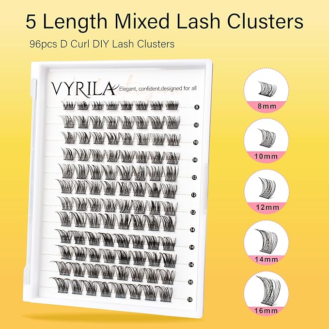 Lash Clusters 8-16mm, False Eyelashes 96pcs, Cluster Eyelash Extensions Matte Black Soft, Diy Lash Extensions D Curl Natural Lash Clusters Faux Mink Lashes Wispy（Tide,96pcs,0.07,D,8-16MIX)