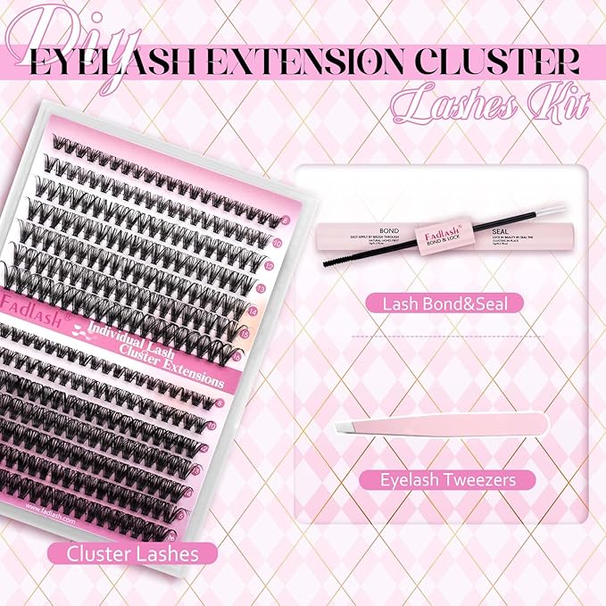 FADLASH DIY Lash Extension Kit Individual Lashes Cluster D Curl Eyelash Extension Kit with Lash Bond and Seal and Lash Applicator Tool for Self Application at Home (30D+40D-0.07D-8-16MIX KIT)