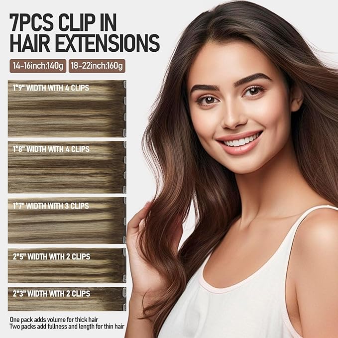 VINBAO Clip in Hair Extensions, Straight Hair Extensions Clip in Human Hair, 14inch 140g 7Pcs, 4/27/4 Balayage Chocolate Brown to Caramel Blonde, Clip ins for Women (#HC4274,14'')