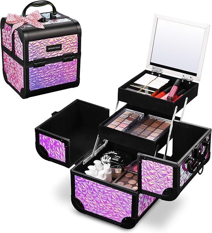BYOOTIQUE Mermaid Makeup Train Case with Mirror 2-Tier Trays Cosmetic Organizer Lockable Jewelry Box for Nail Bar Beautician Salon Barber Hairstylist,Mermaid Pink