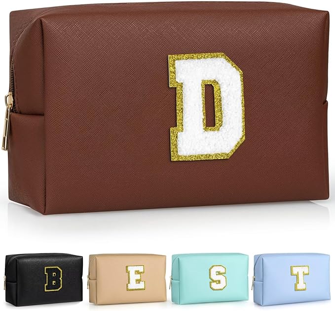 TOPEAST Preppy Small Makeup Bag, Chenille Letter Pouch Cosmetic Bag With Zipper, PU Leather Waterproof Toiletry Bag, Personalized Birthday Gift for Women, Cute Stuff for Girls (Brown D)