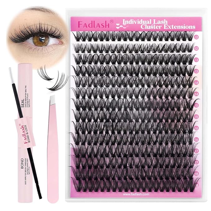 FADLASH Lash Extension Kit DIY Natural Lash Clusters Kit 40D D Curl Eyelash Clusters Individual Eyelash Extension Kit with Lash Bond and Seal Lash Tweezers for Self Use (40D-0.07D-12-18MIX KIT)