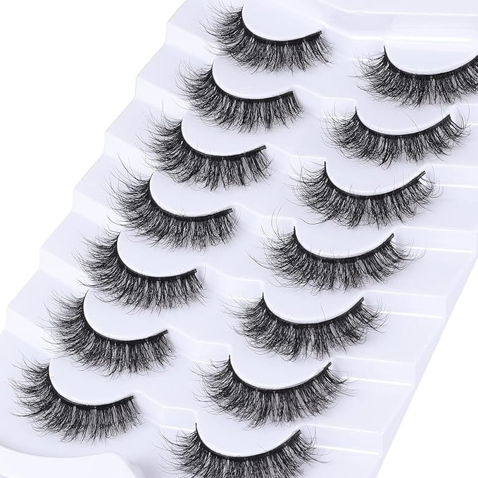 False Eyelashes Cat Eye Lashes Faux Mink Lashes Natural Look Fluffy Wispy Lashes That Look Like Extensions Pestañas Postizas D Curl Lash Strips Short Fox Eye Lashes 7 Pairs Pack