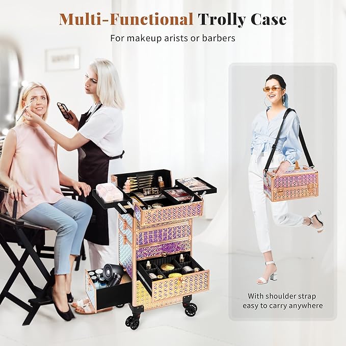 AROUS Rolling Makeup Train Case with 3 Drawers, Cosmetology Case on Wheels Nail Trolley Cart Salon Station Organizer Cases for Nail Tech, Face Painting,Hairstylist, Makeup Artist, Colorful