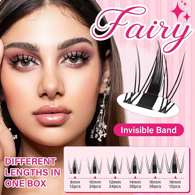 PRO LASHBEAUTY Manga Lash Clusters Cluster Eyelash Extensions Natural Lash Extensions DIY Individual Lashes Clusters Wateproof Natural Look Lashes Clusters with Invisible Band (Fairy, 8-18mix)
