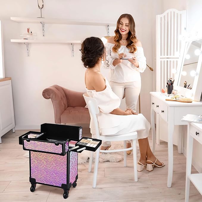 BYOOTIQUE Rolling Cosmetology Case on Wheels Hairdressing Brush Bags Lash Storage Box Cosmetic Organizer for Makeup Artist Beauty Salon Nail Technician Hairstylist,Mermaid Pink