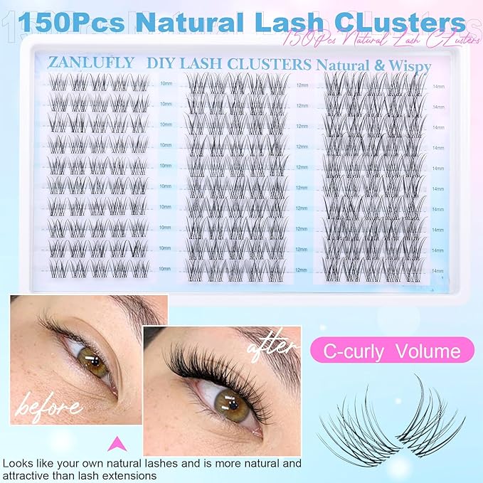 Clear Band Lash Clusters Natural Lash Extensions Wispy Cluster Eyelash Extensions 10-14mm C Curly Eyelash Clusters DIY Individual lashes 150PCS Cluster Lashes by zanlufly