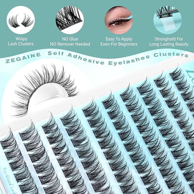 Wispy Self Adhesive Eyelashes Natural Self Adhesive Lash Clusters D-Curly Pre Glued Eyelash Extensions Reusable Wispy Cluster Lashes No Glue Needed Individual Lashes Natural Look 10-16MM by Zegaine
