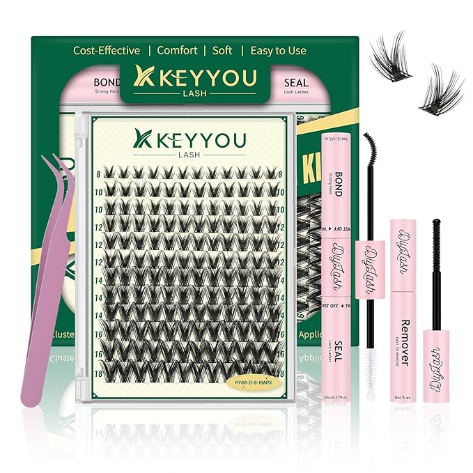 KEYYOULASH Lash Clusters Kit 144pcs 8-18MIX Lash Clusters Wispy Anime Lash Extension Kit with Lash Bond and Seal,Remover,Applicators for DIY Eyelash Extension Kit at Home (KY08 Kit)