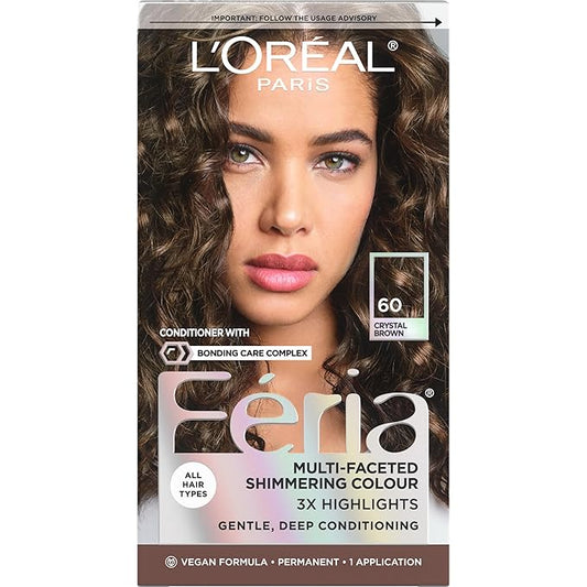 L'Oreal Paris Feria Multi-Faceted Shimmering Permanent Hair Color, 60 Crystal Brown (Light Brown), Pack of 1 Hair Dye Kit