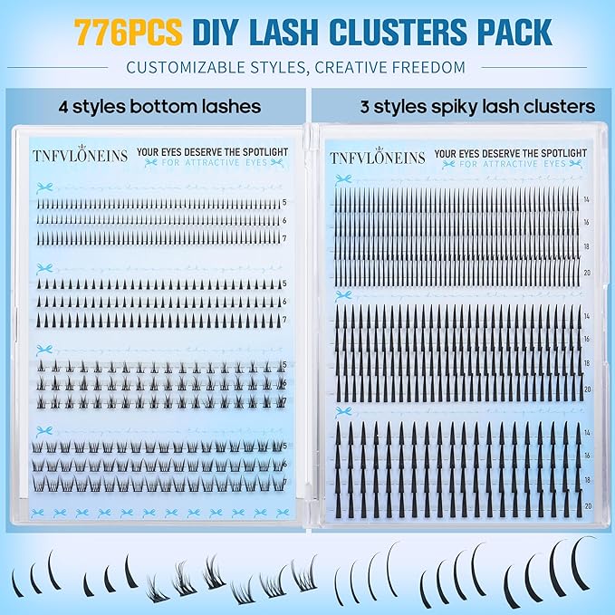 TNFVLONEINS Lash Clusters with Spikes Bottom Eyelash Clusters 776PCS Wispy Clusters Eyelash Extensions Manga Individual Lashes Natural Lash Extension DIY Cluster Lashes Pack