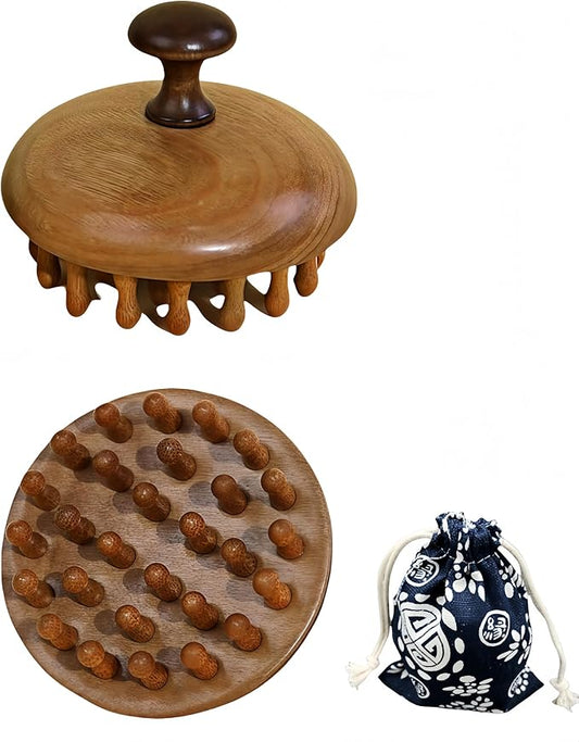 Sandalwood Scalp Massager | Manual Gua Sha Brush for Scalp Care & Relaxation | Portable Wooden Massager with Gift Pouch for Hair Growth & Stress Relief