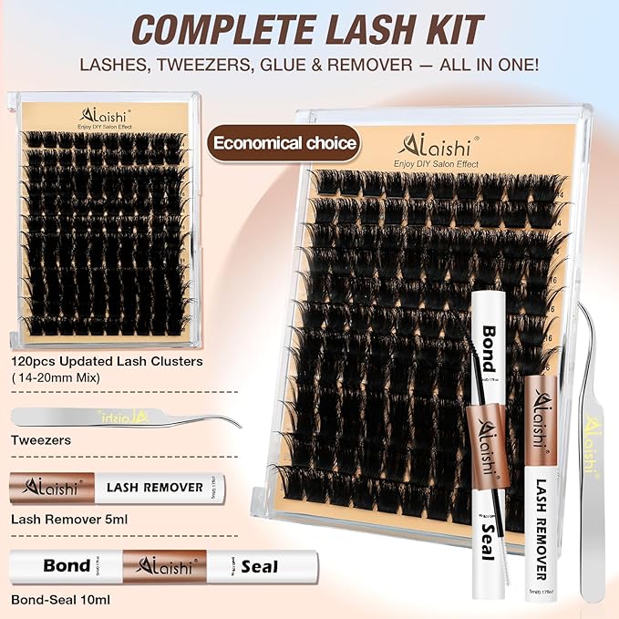 Lash Clusters Kit, DIY Cluster Eyelash Extensions 14‑20mm, 200D, 120pcs Fluffy D Curl Natural Lashes with Bond & Seal,Remover,Tweezers – Fake Cat Eye Individual Clusters
