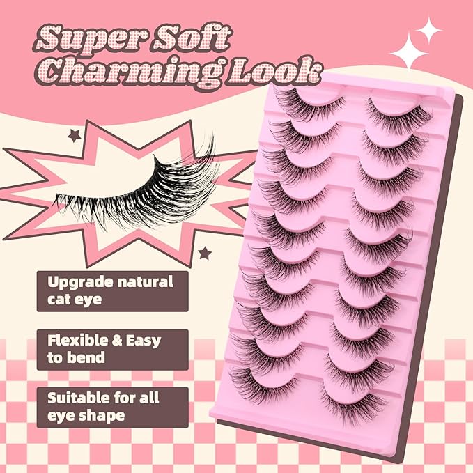 Natural Cat Eye Lashes Wispy False Eyelashes Thin Cotton Band Soft Mink Lashes Natural Eye Lashes Pack 10 Pairs by FADVAN-BY003