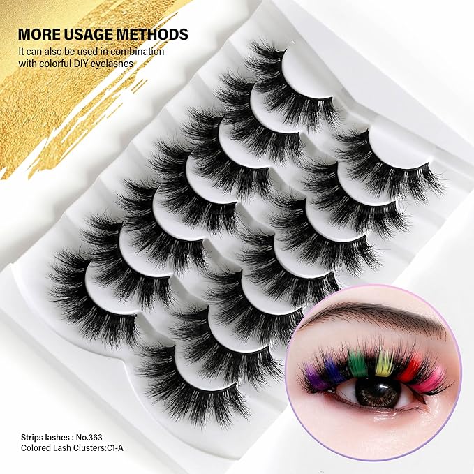 False Eyelashes 5D Fluffy Thick Dramatic Soft Faux Mink Lashes Volume Long Natural Wispy Reusable Makeup Fake Eye Lashes Pack 7 Pairs Happy Heartbeat(No.363)