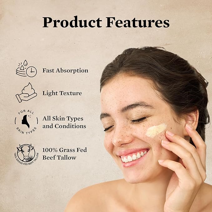 Tallow Face Moisturizer for Women: Beef Tallow Balm with Raw Honey and Olive Oil for Mature Skin – 100% Whipped and Grass Fed Cow Fat Facial Cream
