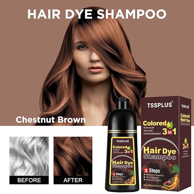 TSSPLUS Instant Hair Color Shampoo - Chestnut Brown Dye for Women & Men, 3 in 1 Herbal Coloring Shampoo (Chestnut Brown)