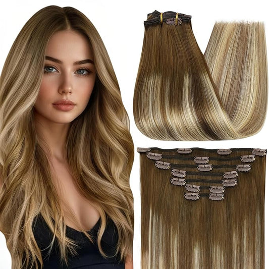 Full Shine Clip in Hair Extensions Real Human Hair Balayage Double Weft Clip in Extensions Straight Remy Hair Extensions Medium Brown Ombre Blonde Short Natural Human Hair 12 Inch 7 Pcs 95 G